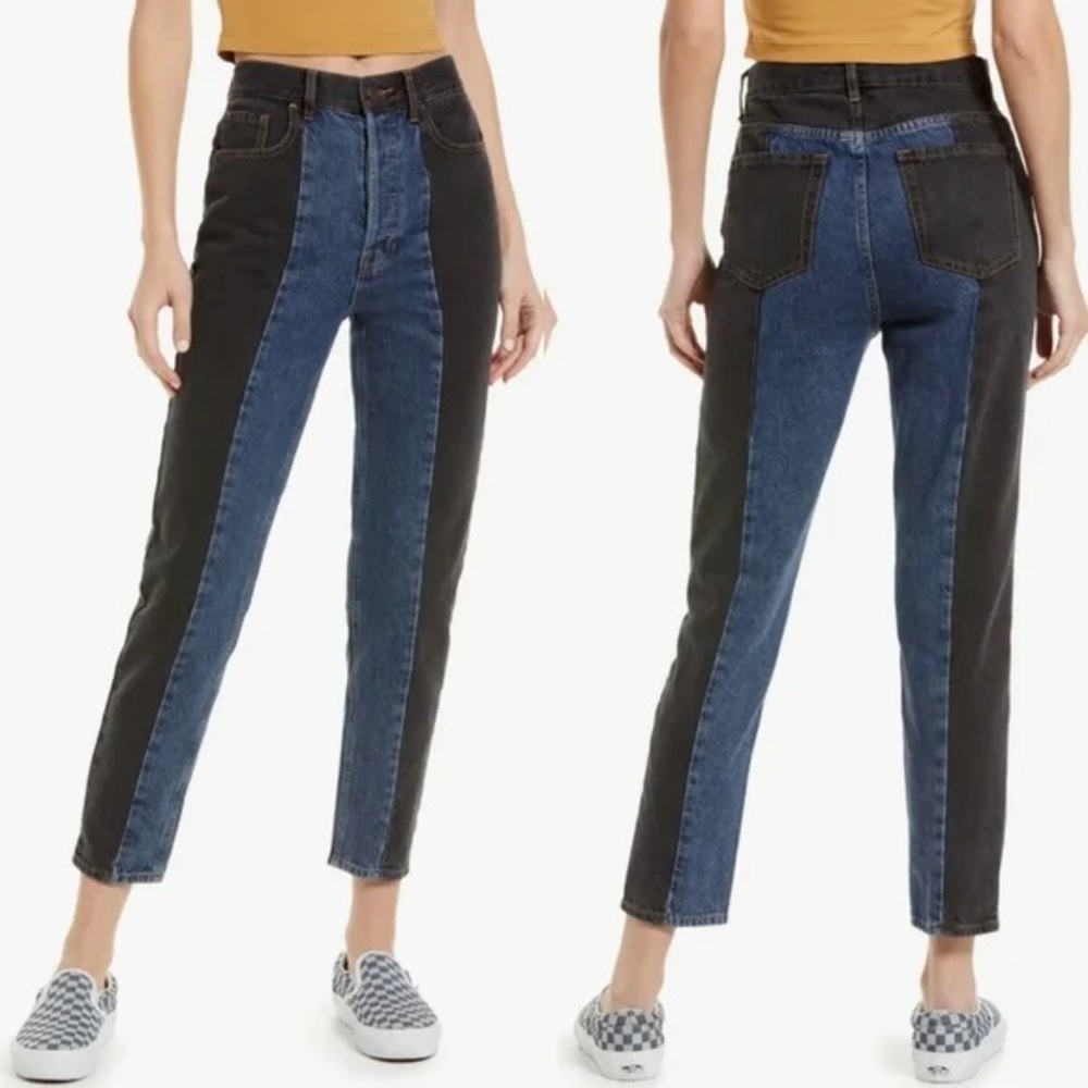 Pacsun UHR Ultra High Rise Slim Black Blue Colorblock Jean 24 Straight Cut Ankle